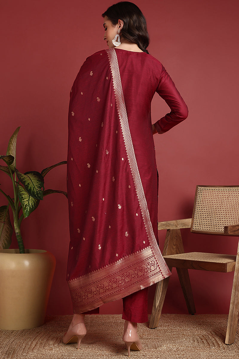 Maroon Silk Blend Ethnic Motifs Woven Design Straight Suit Set | SHOBITAM