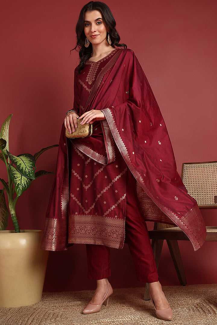 Maroon Silk Blend Ethnic Motifs Woven Design Straight Suit Set | SHOBITAM