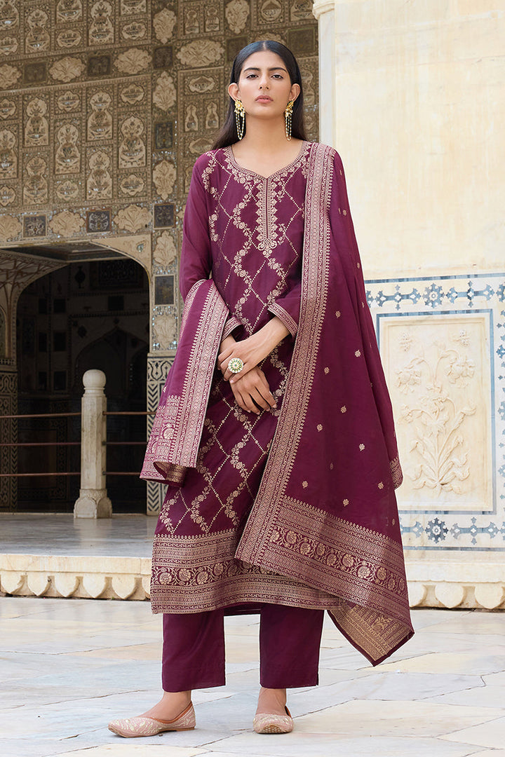 Burgundy Silk Blend Ethnic Motifs Woven Design Straight Suit Set | SHOBITAM