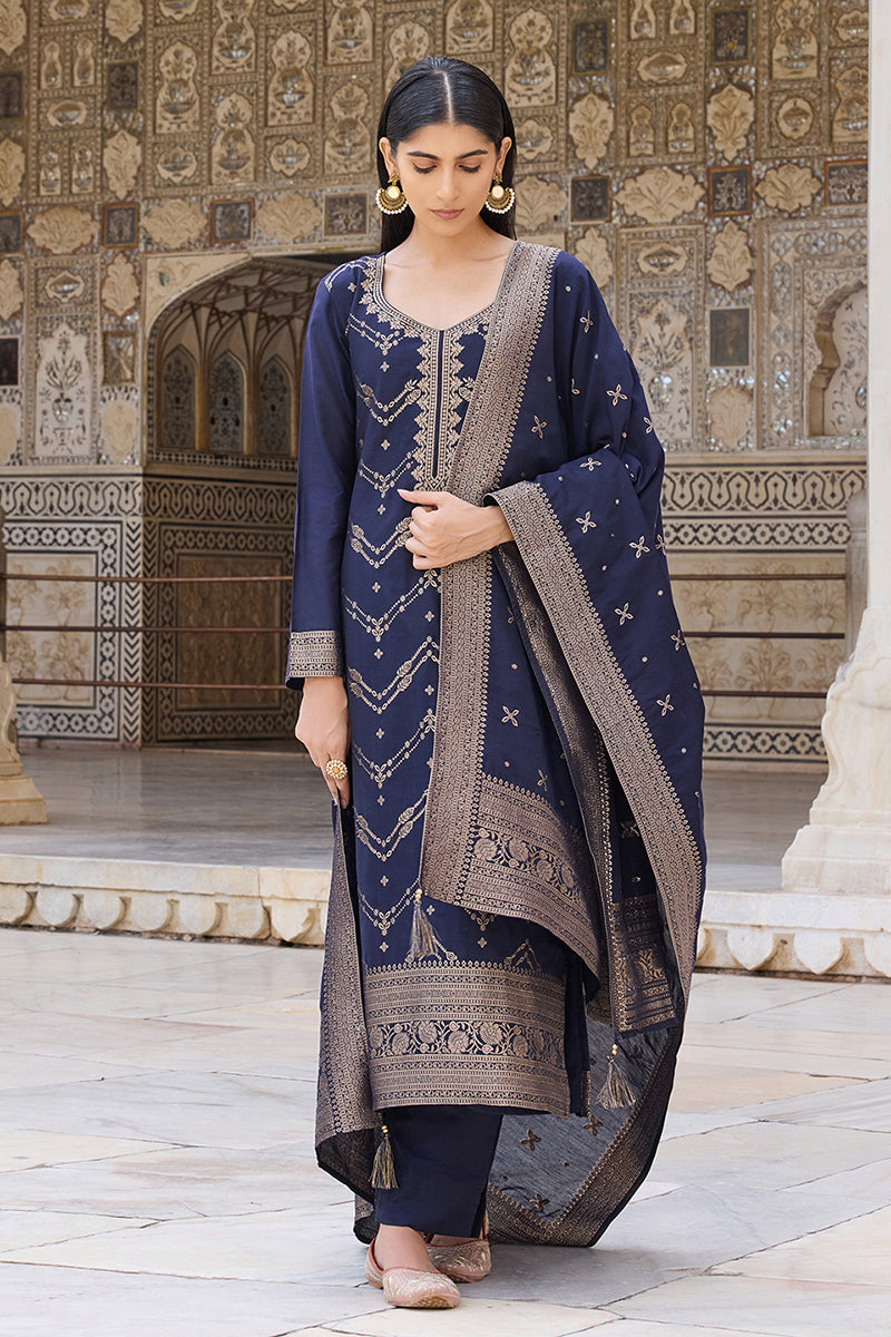 Navy Blue Silk Blend Ethnic Motifs Woven Design Straight Suit Set | SHOBITAM