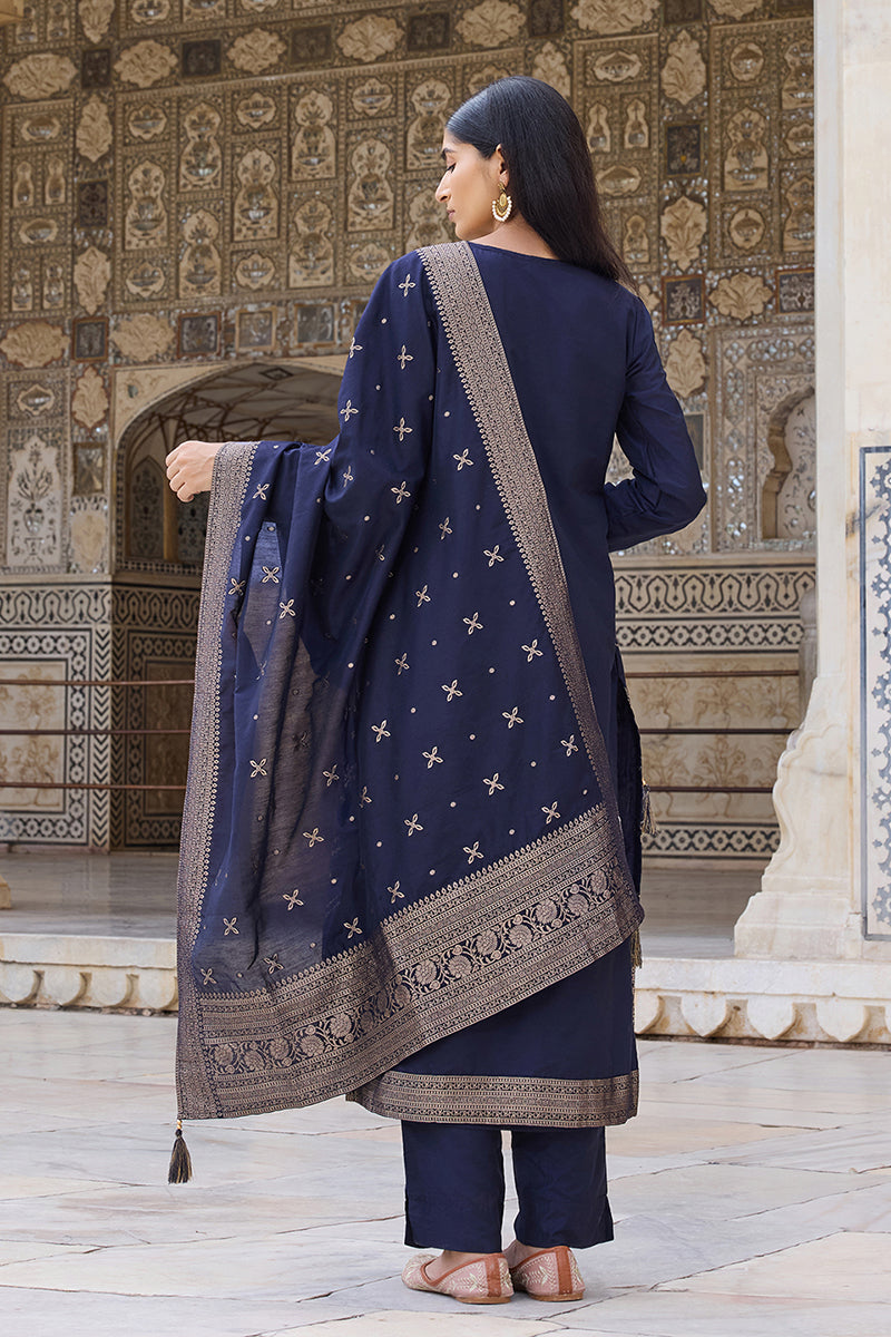 Navy Blue Silk Blend Ethnic Motifs Woven Design Straight Suit Set | SHOBITAM