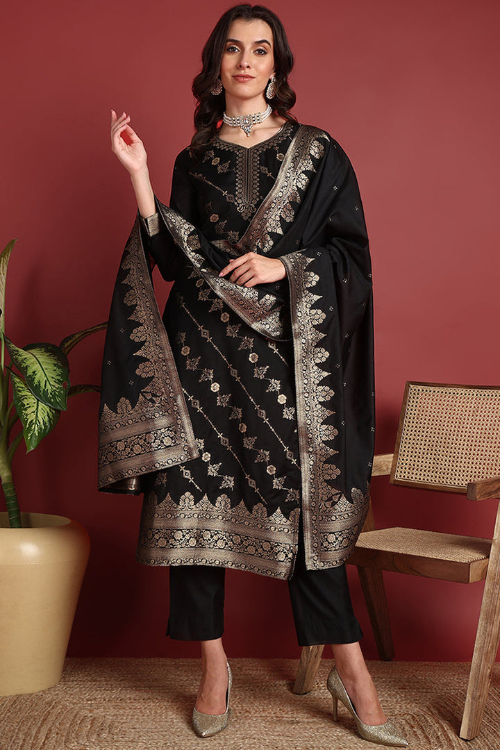 Black Silk Blend Ethnic Motifs Woven Design Straight Suit Set | SHOBITAM
