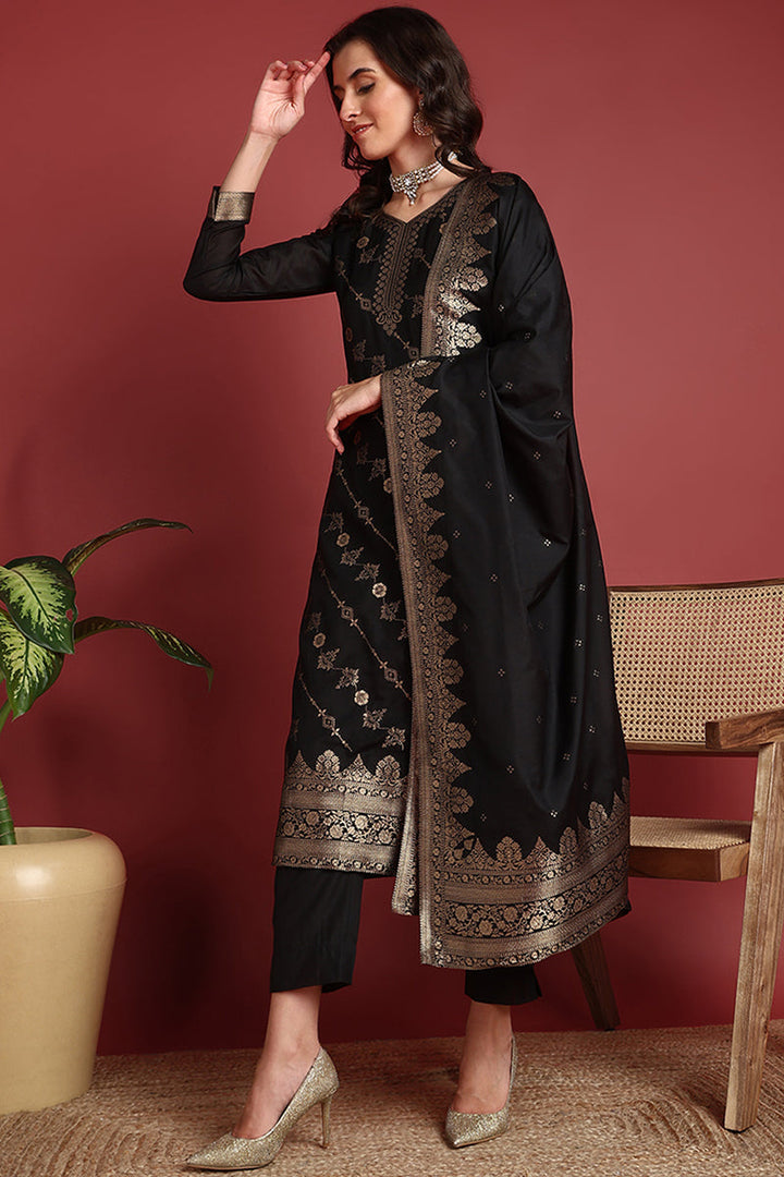 Black Silk Blend Ethnic Motifs Woven Design Straight Suit Set | SHOBITAM