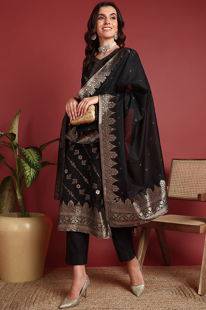 Black Silk Blend Ethnic Motifs Woven Design Straight Suit Set | SHOBITAM