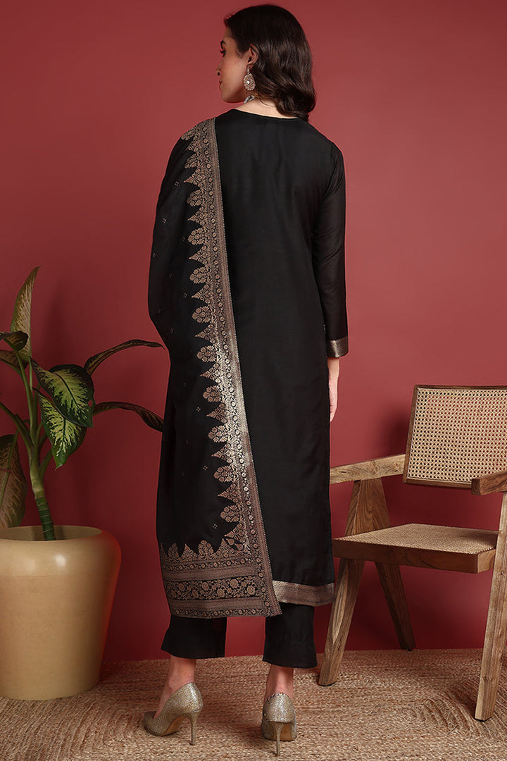 Black Silk Blend Ethnic Motifs Woven Design Straight Suit Set | SHOBITAM