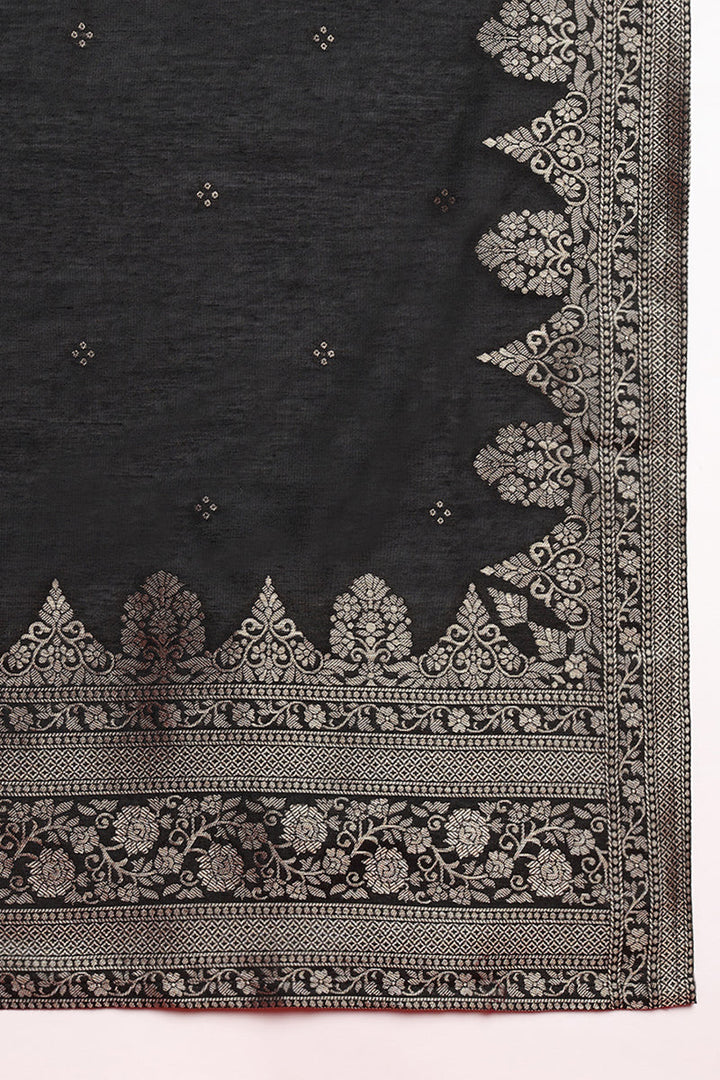 Black Silk Blend Ethnic Motifs Woven Design Straight Suit Set | SHOBITAM