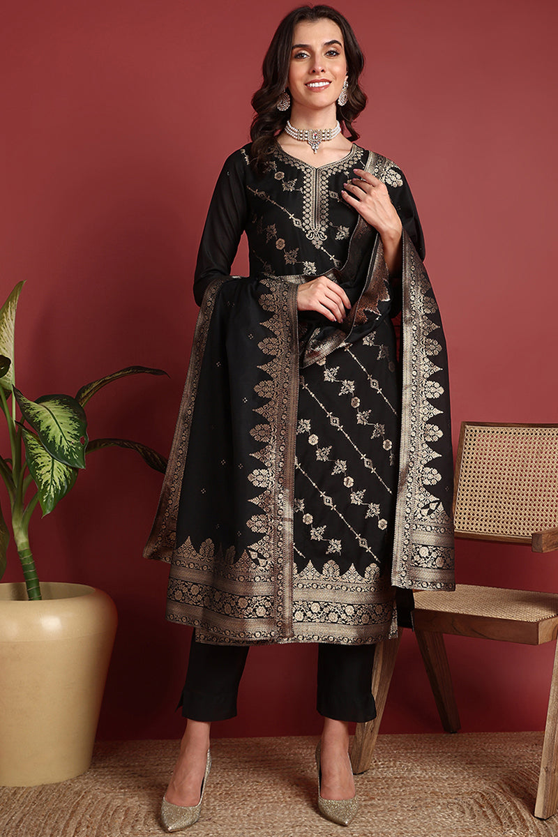 Black Silk Blend Ethnic Motifs Woven Design Straight Suit Set | SHOBITAM