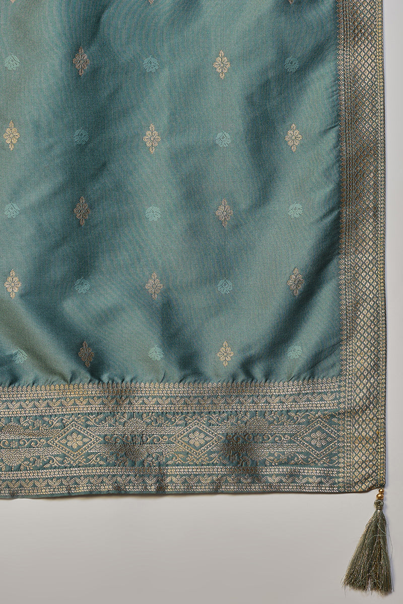 Teal Blue Silk Blend Ethnic Motifs Woven Design Straight Suit Set | SHOBITAM