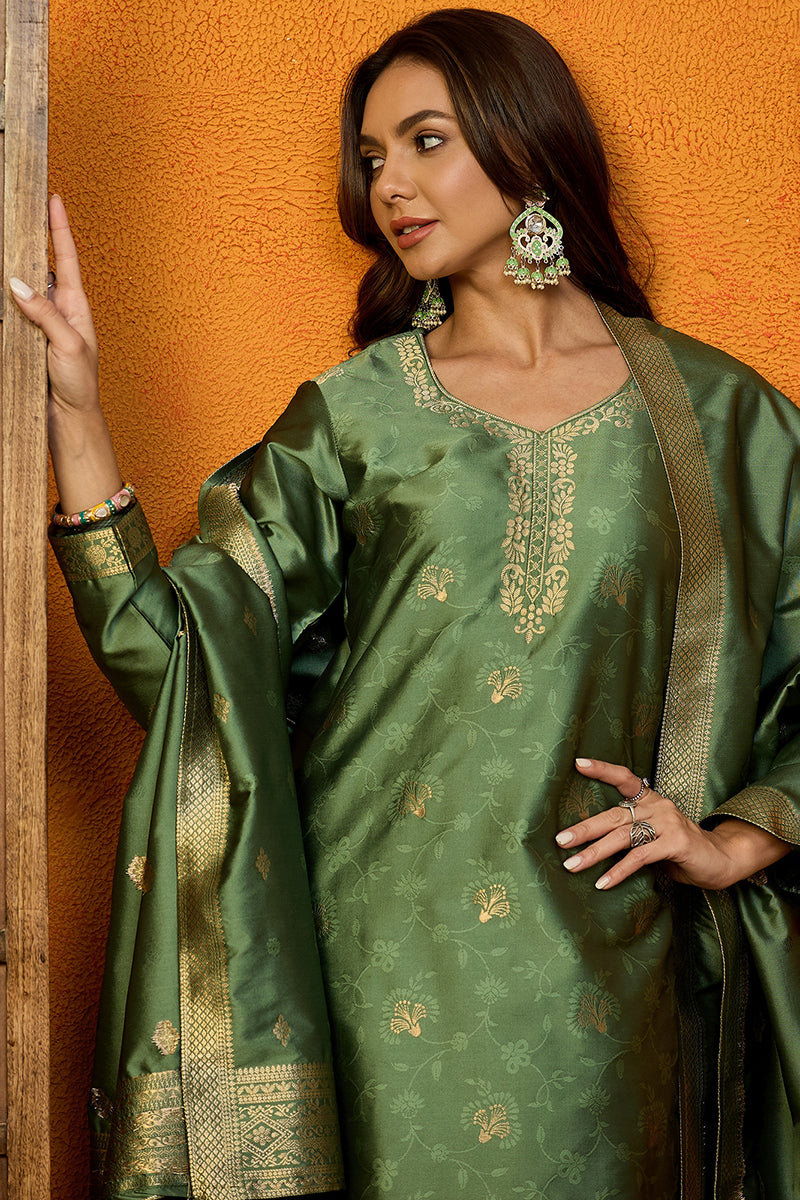 Green Silk Blend Ethnic Motifs Woven Design Straight Suit Set | SHOBITAM