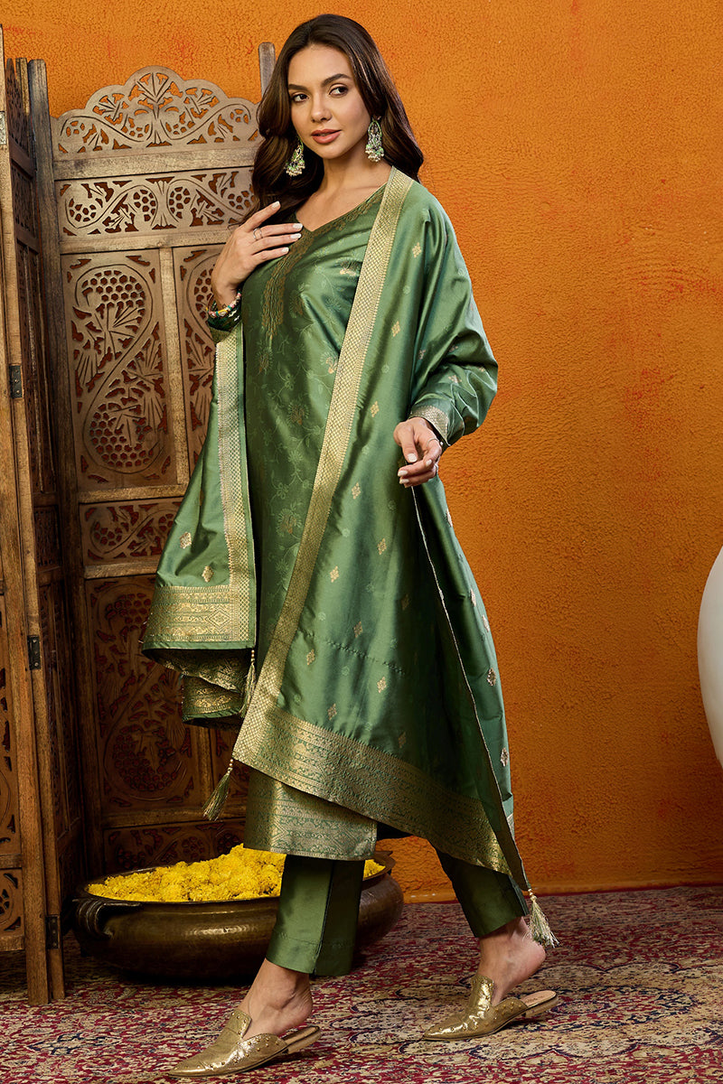Green Silk Blend Ethnic Motifs Woven Design Straight Suit Set | SHOBITAM