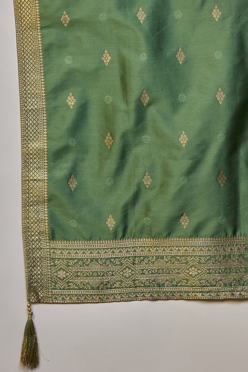Green Silk Blend Ethnic Motifs Woven Design Straight Suit Set | SHOBITAM