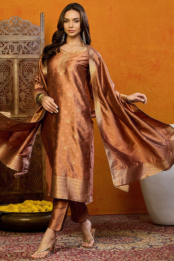 Brown Silk Blend Ethnic Motifs Woven Design Straight Suit Set | SHOBITAM