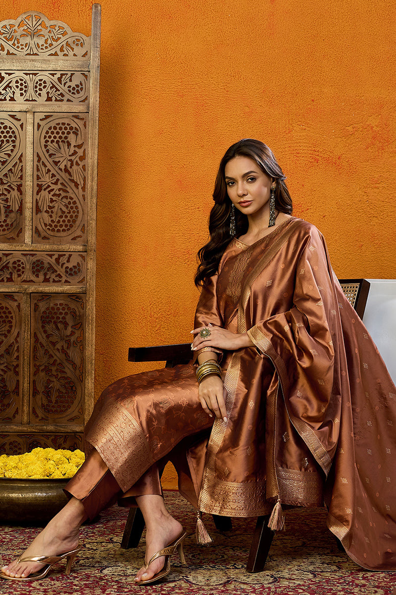 Brown Silk Blend Ethnic Motifs Woven Design Straight Suit Set | SHOBITAM