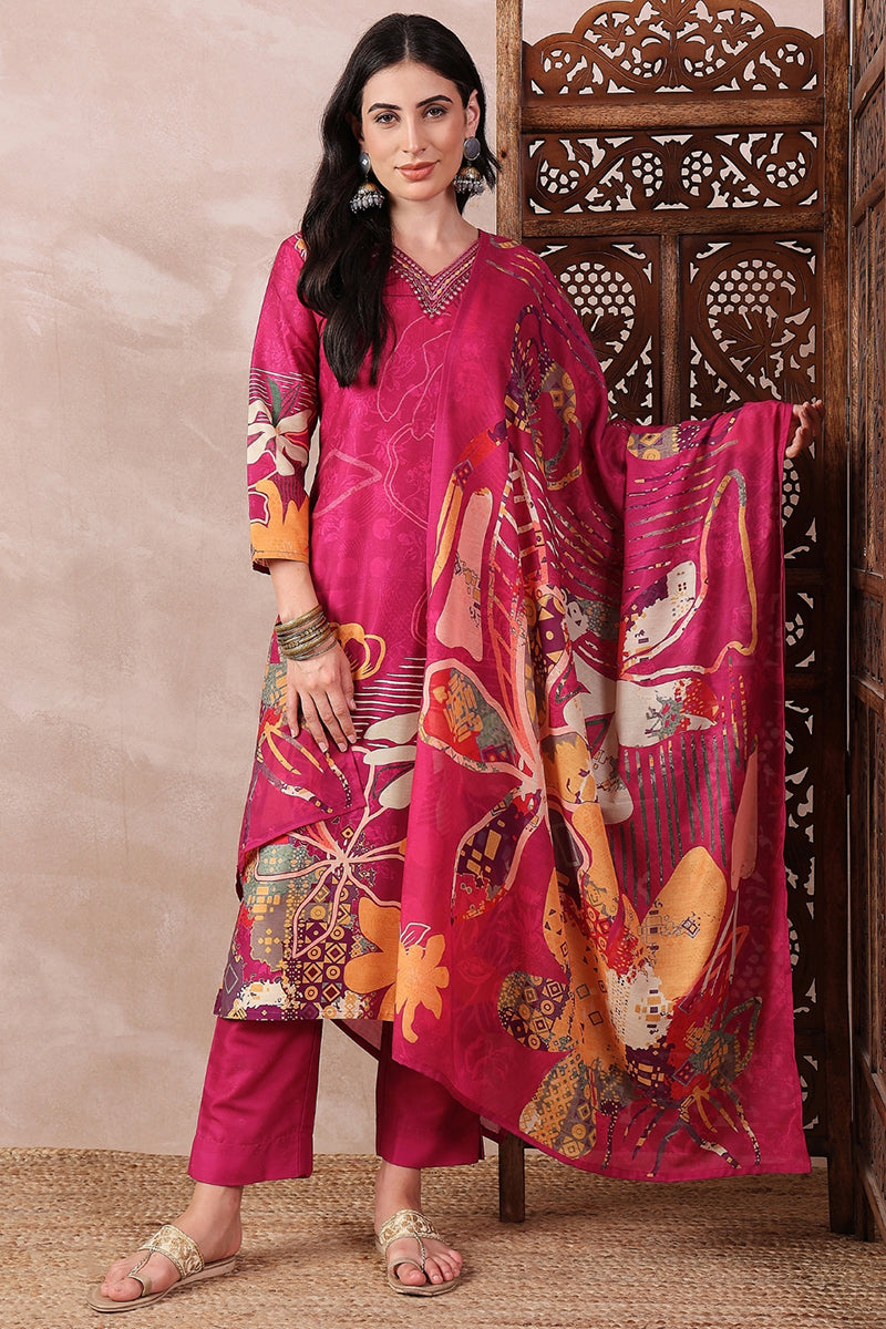 Pink Rayon Blend Floral Printed Straight Trouser Bottom Suit Set | SHOBITAM