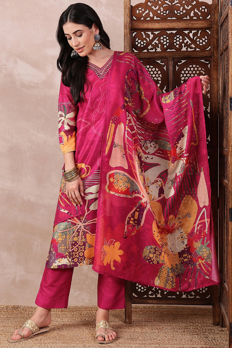 Pink Rayon Blend Floral Printed Straight Trouser Bottom Suit Set | SHOBITAM