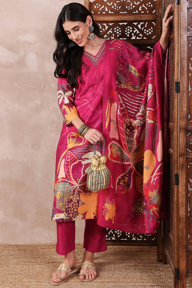 Pink Rayon Blend Floral Printed Straight Trouser Bottom Suit Set | SHOBITAM