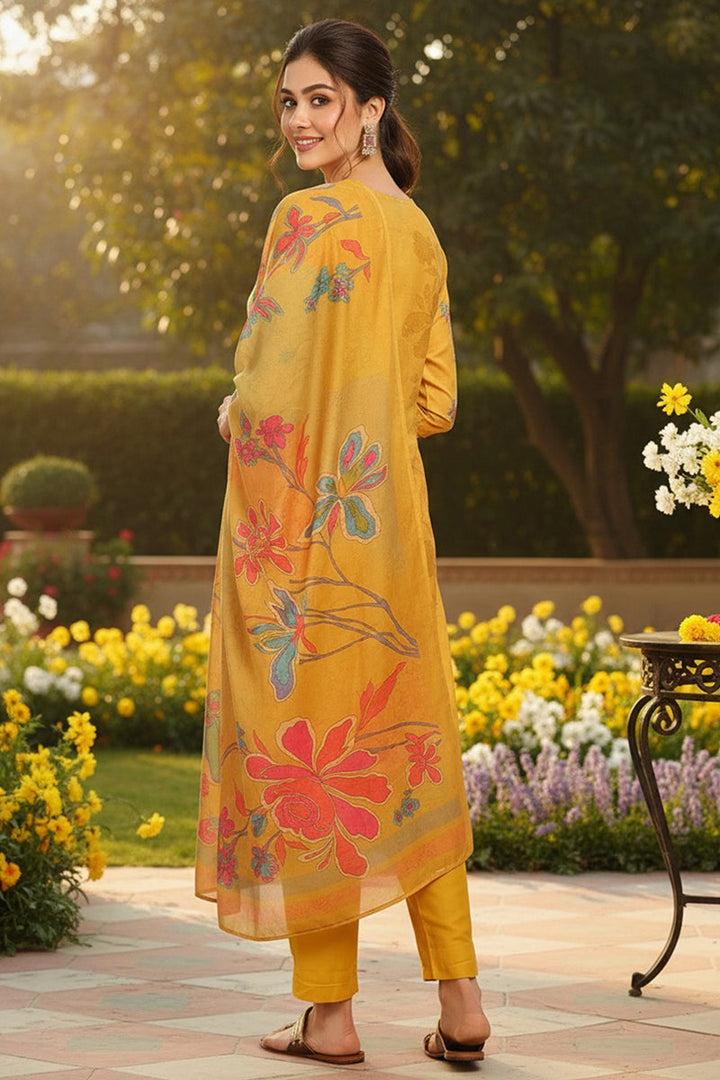 Mustard Yellow Rayon Blend Floral Printed Straight Suit Set | SHOBITAM