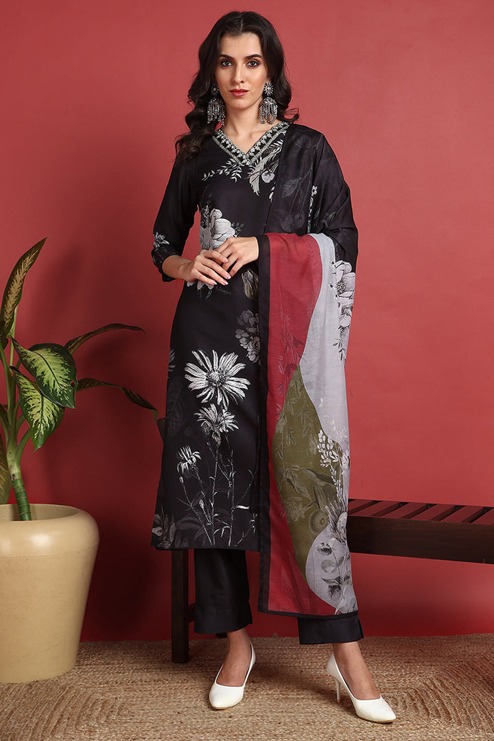 Black Rayon Blend Floral Printed Straight Suit Set | SHOBITAM