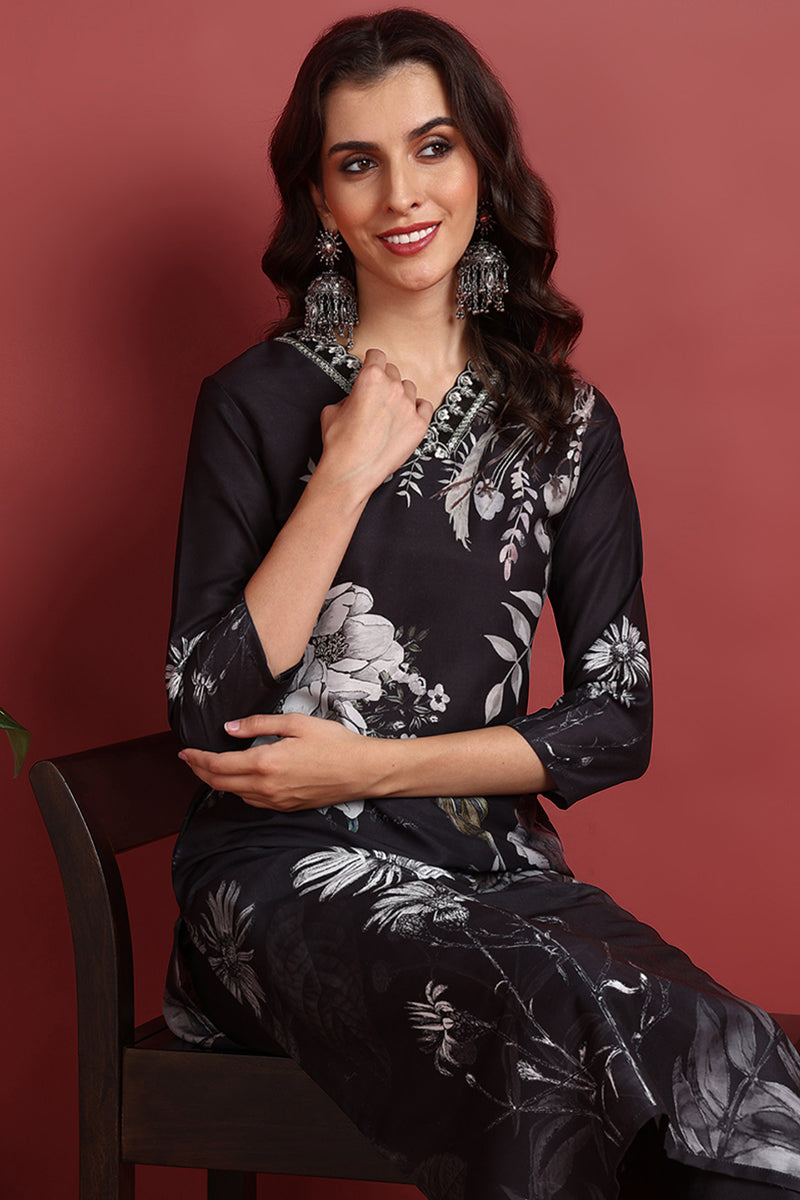 Black Rayon Blend Floral Printed Straight Suit Set | SHOBITAM