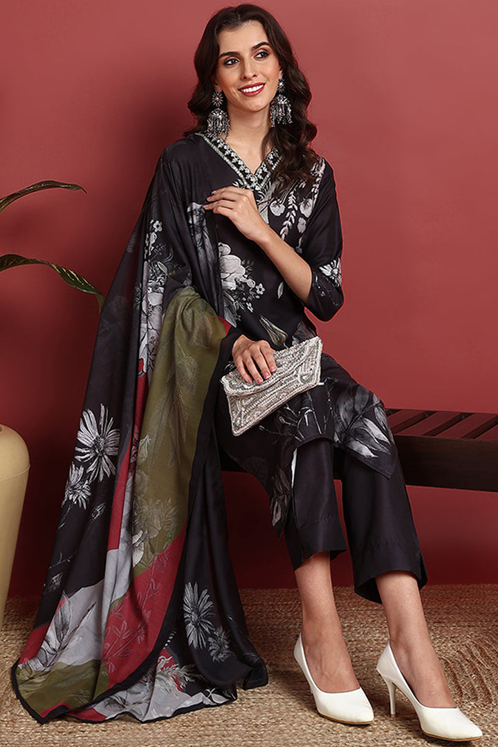 Black Rayon Blend Floral Printed Straight Suit Set | SHOBITAM