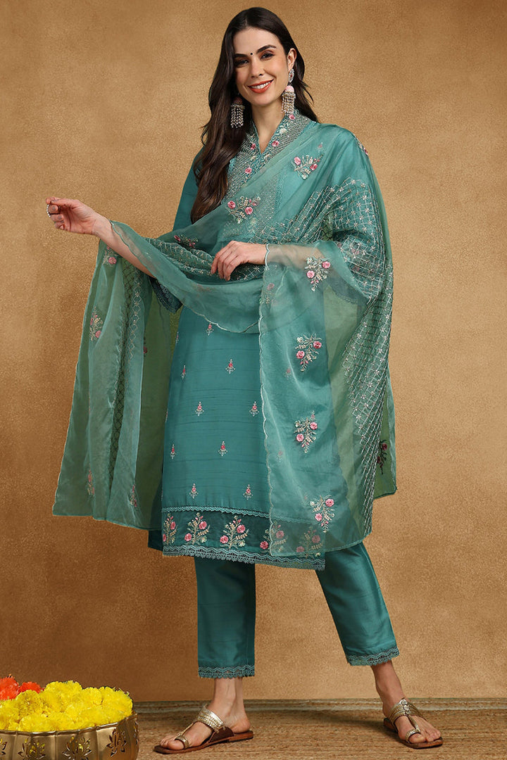Teal Green Silk Blend Solid Embroidered Straight Suit Set | SHOBITAM