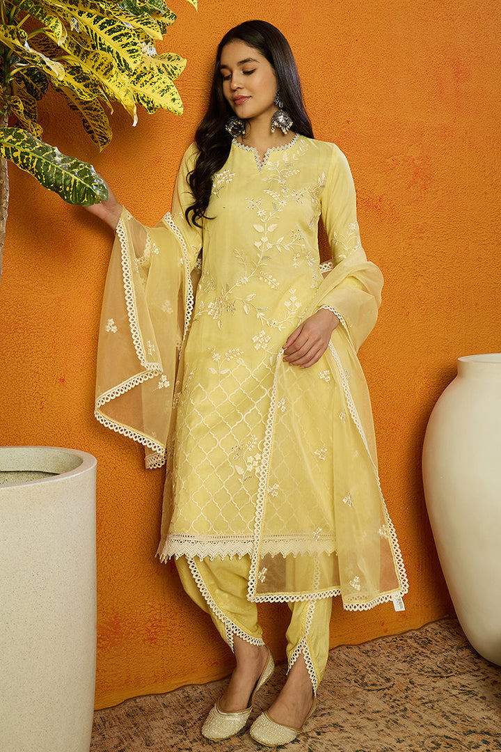 Yellow Organza Solid Embroidered A-Line Dhoti Bottom Suit Set | SHOBITAM