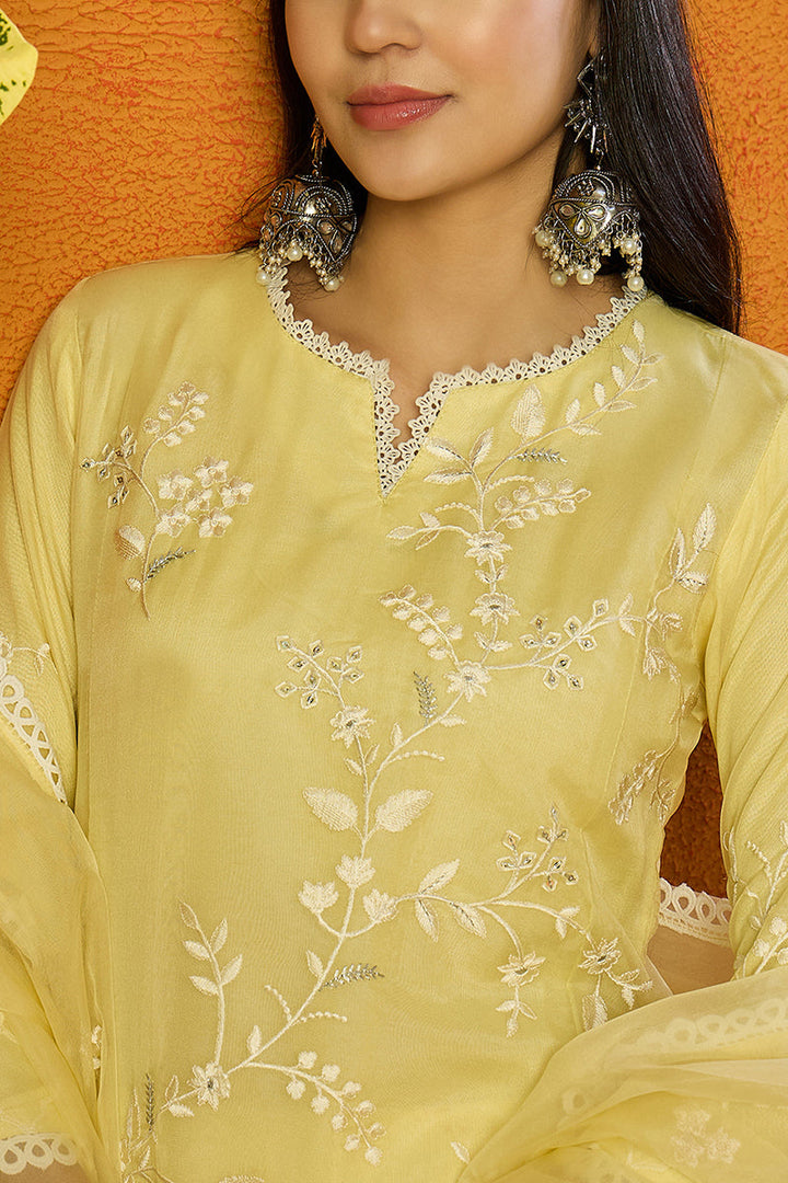 Yellow Organza Solid Embroidered A-Line Dhoti Bottom Suit Set | SHOBITAM