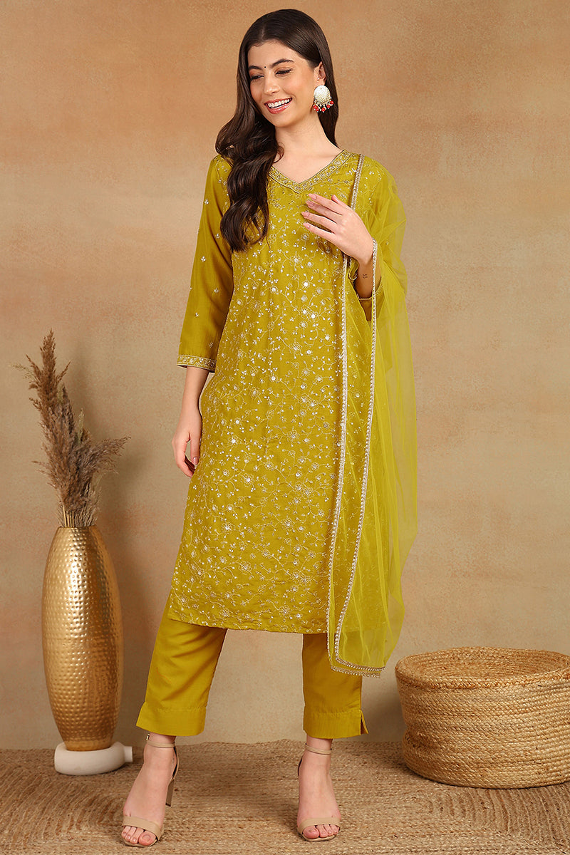 Mustard Yellow Silk Blend Solid Embroidered Straight Suit Set | SHOBITAM