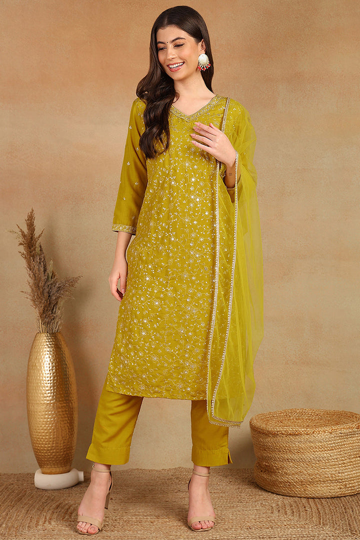 Mustard Yellow Silk Blend Solid Embroidered Straight Suit Set | SHOBITAM