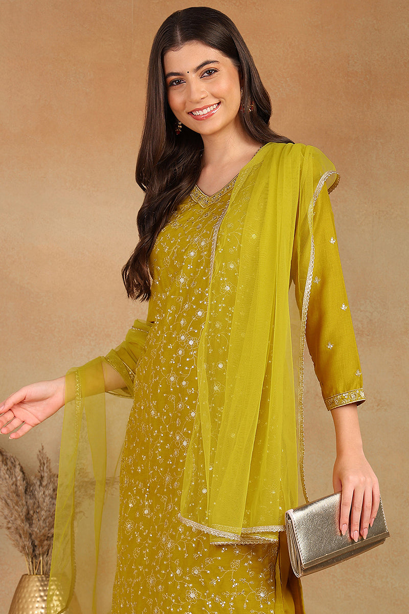 Mustard Yellow Silk Blend Solid Embroidered Straight Suit Set | SHOBITAM