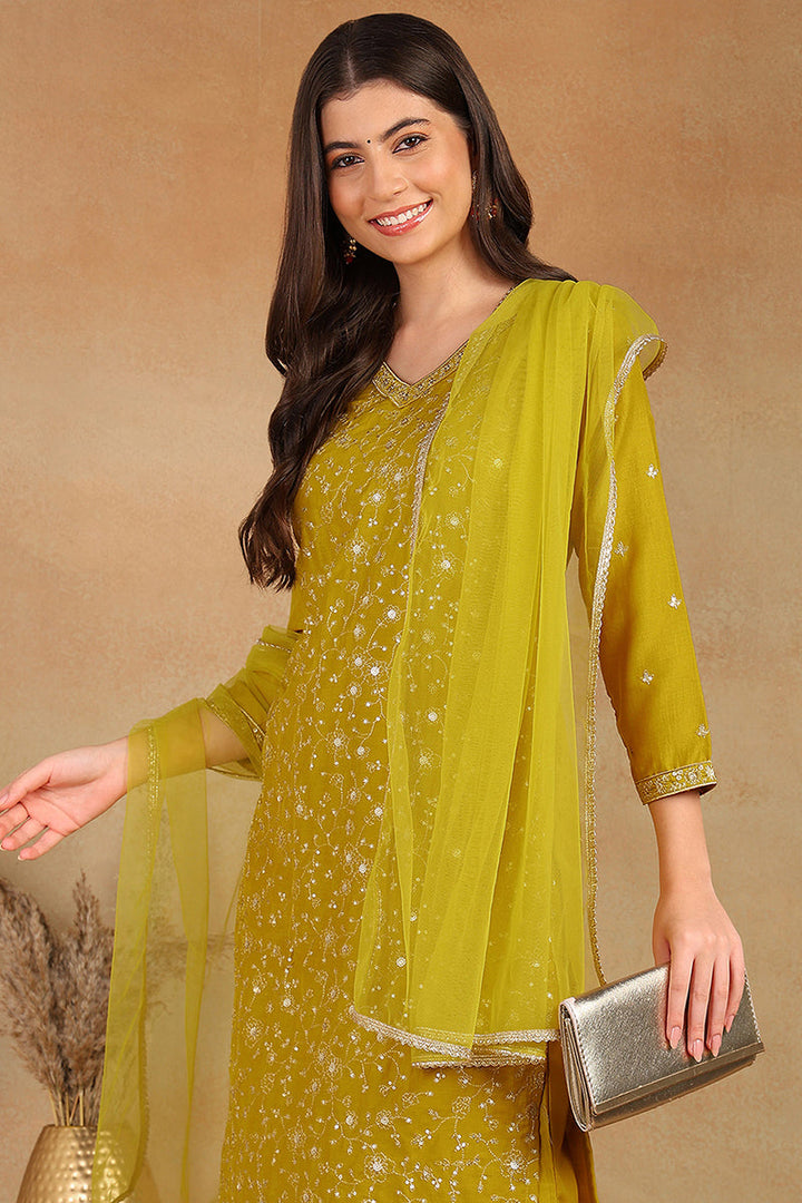 Mustard Yellow Silk Blend Solid Embroidered Straight Suit Set | SHOBITAM