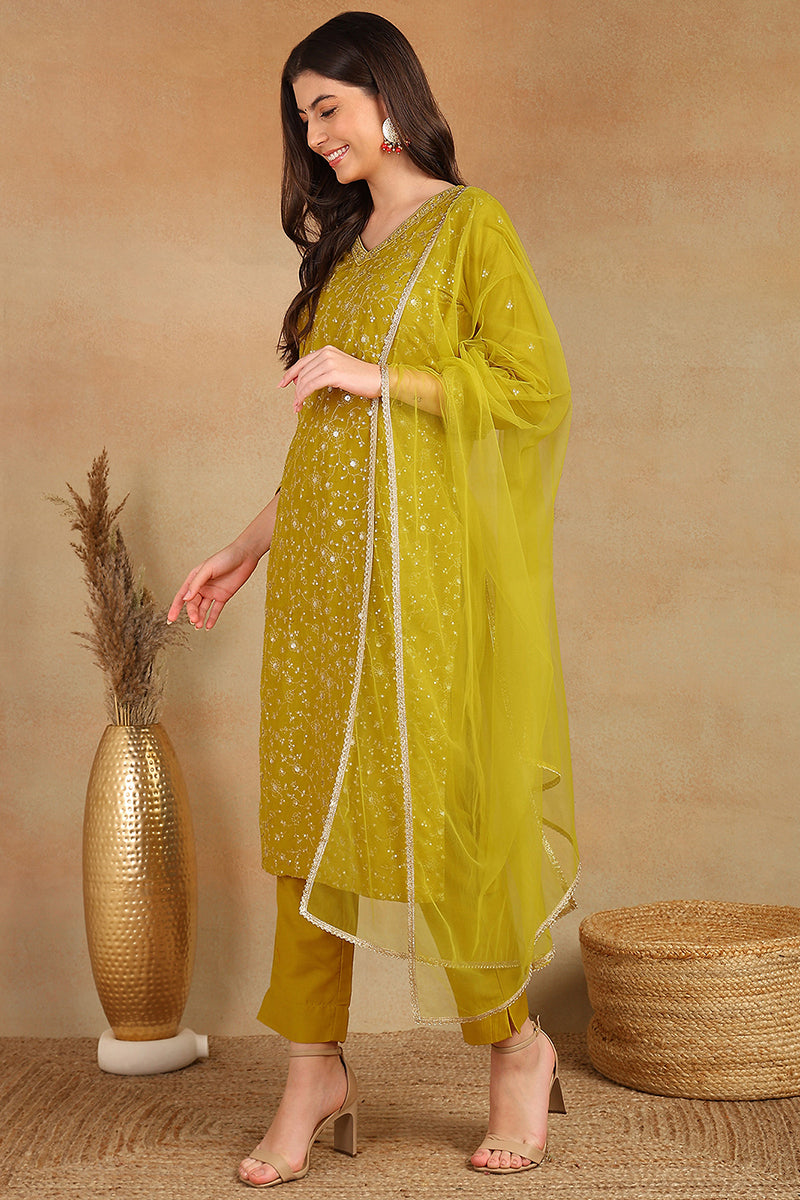 Mustard Yellow Silk Blend Solid Embroidered Straight Suit Set | SHOBITAM