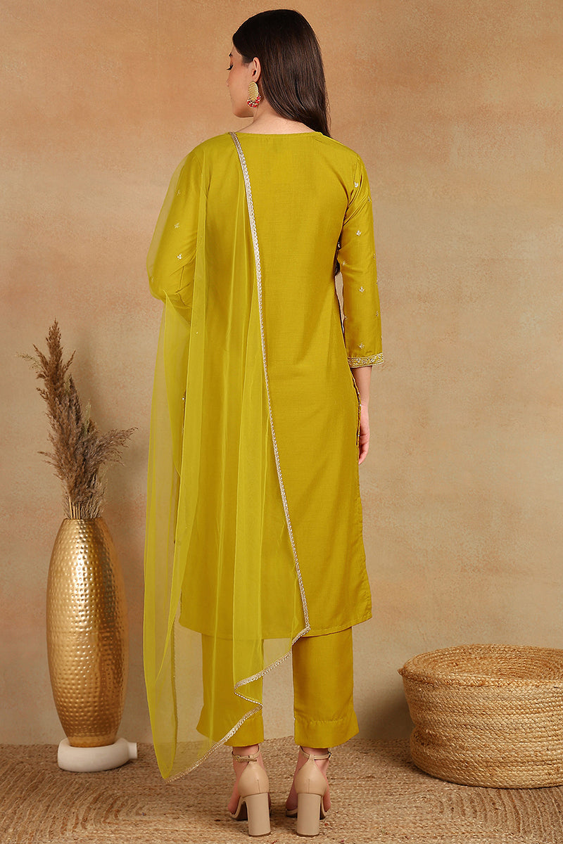Mustard Yellow Silk Blend Solid Embroidered Straight Suit Set | SHOBITAM