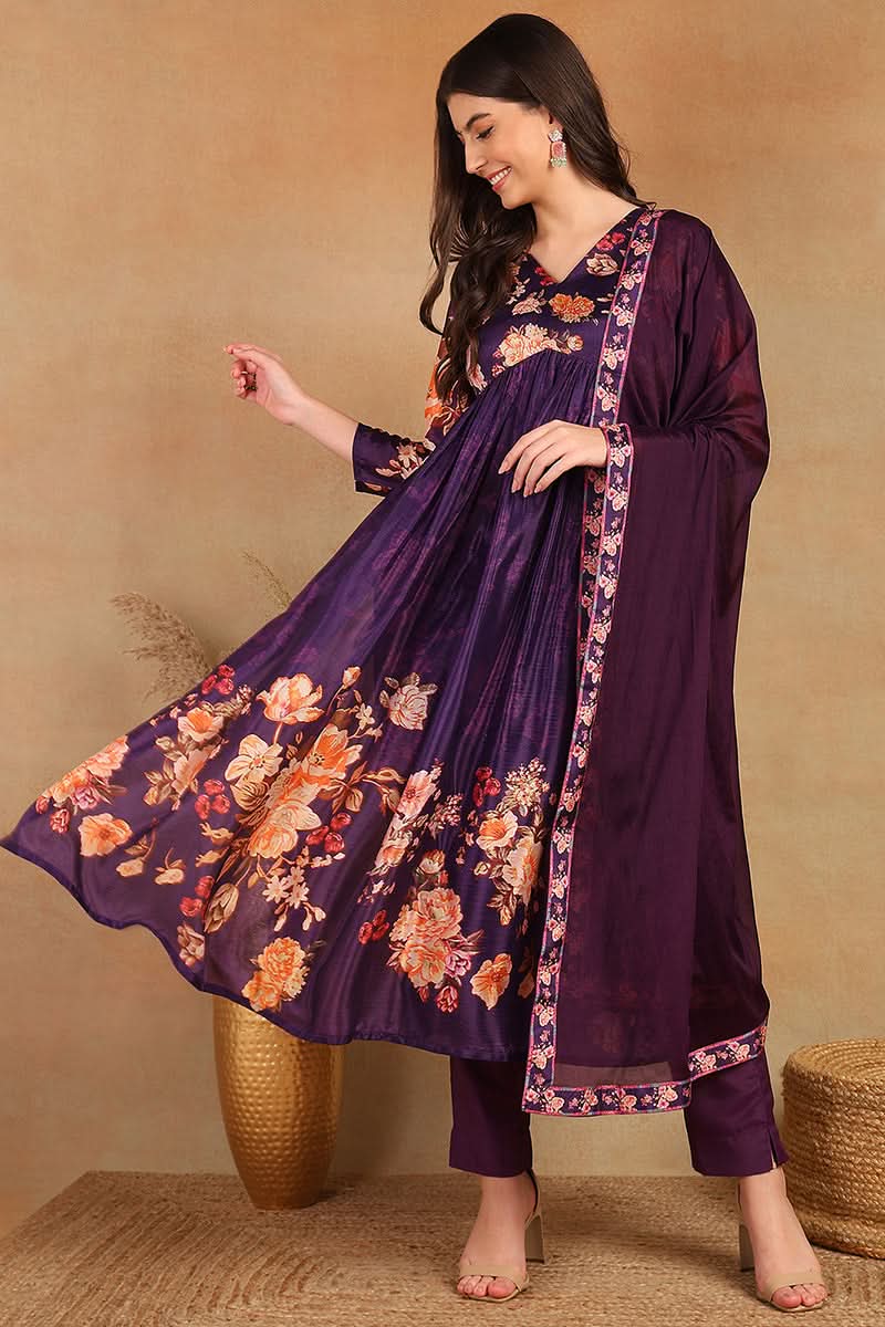Purple Silk Blend Floral Printed Straight Trouser Bottom Suit Set  | SHOBITAM