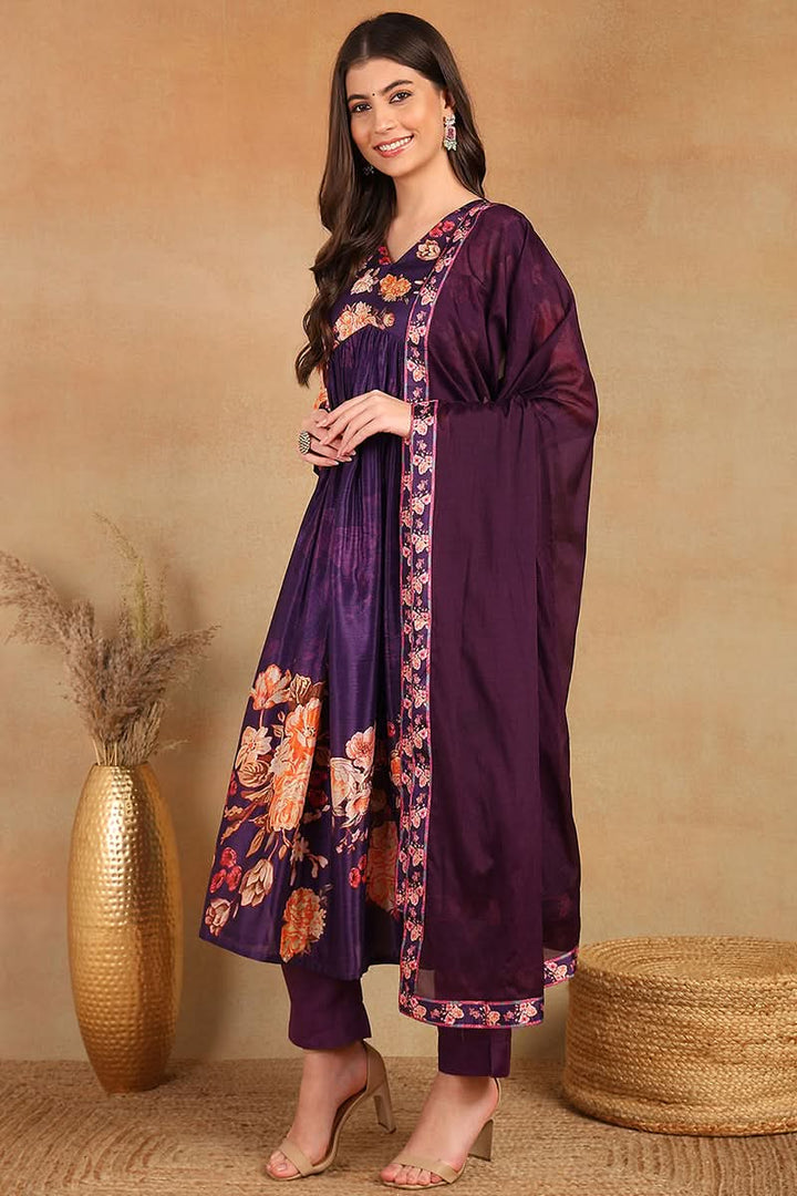 Purple Silk Blend Floral Printed Straight Trouser Bottom Suit Set  | SHOBITAM
