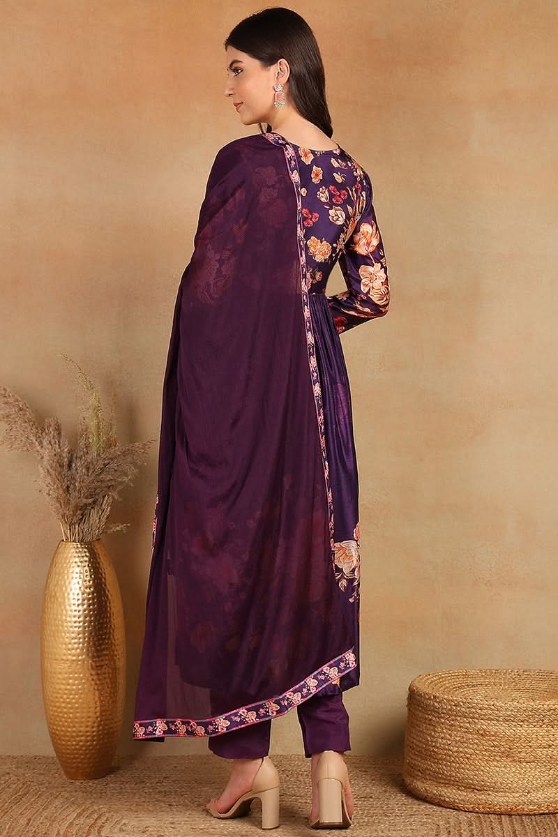 Purple Silk Blend Floral Printed Straight Trouser Bottom Suit Set  | SHOBITAM