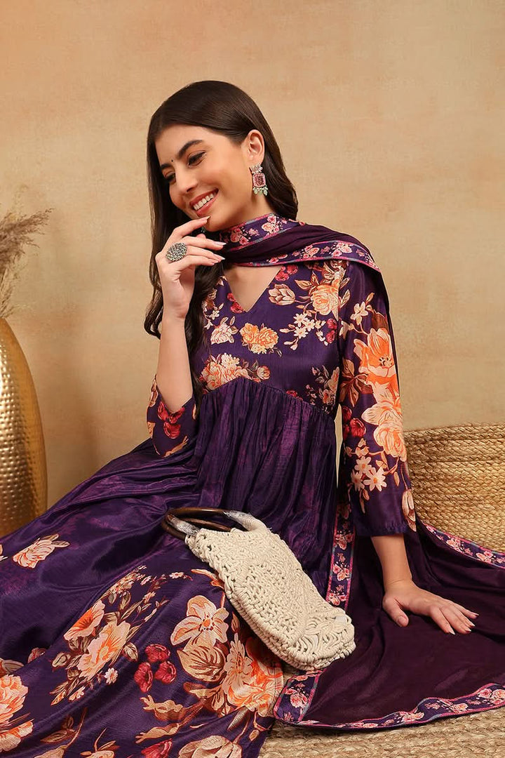 Purple Silk Blend Floral Printed Straight Trouser Bottom Suit Set  | SHOBITAM