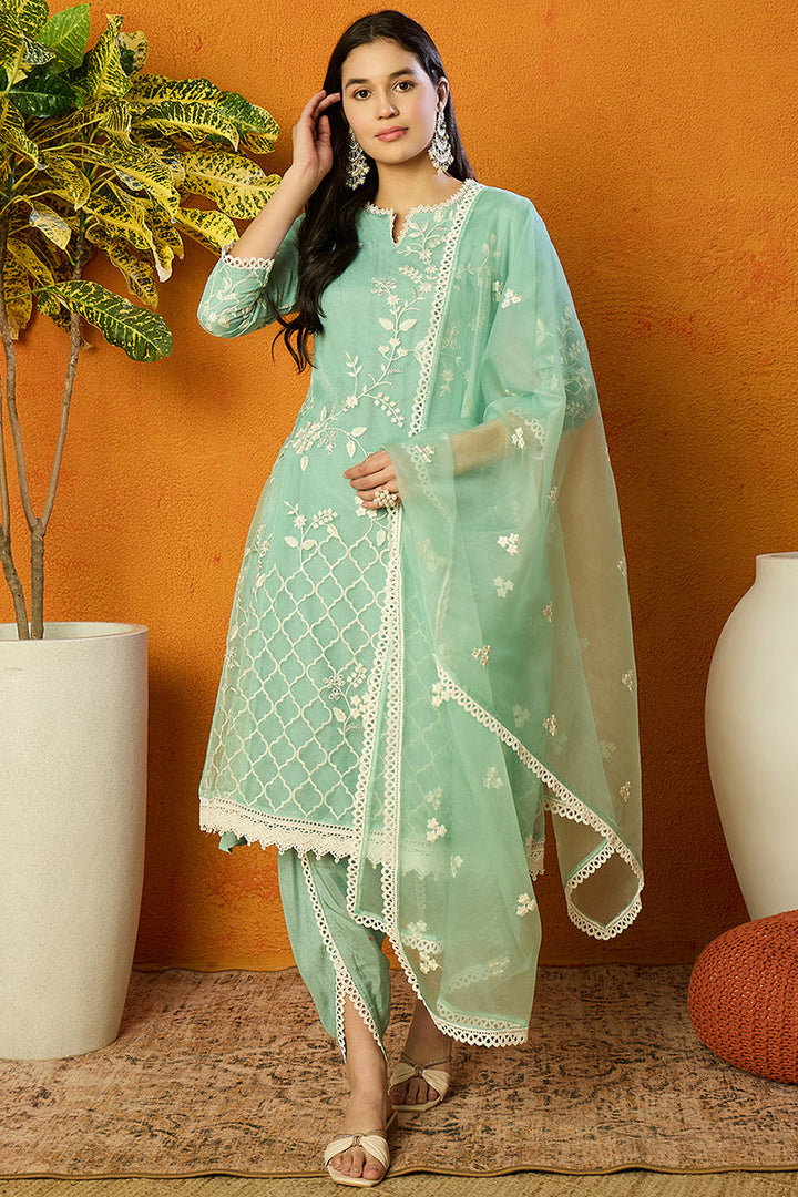Sea Green Organza Solid Embroidered A-Line Dhoti Style Suit Set | SHOBITAM