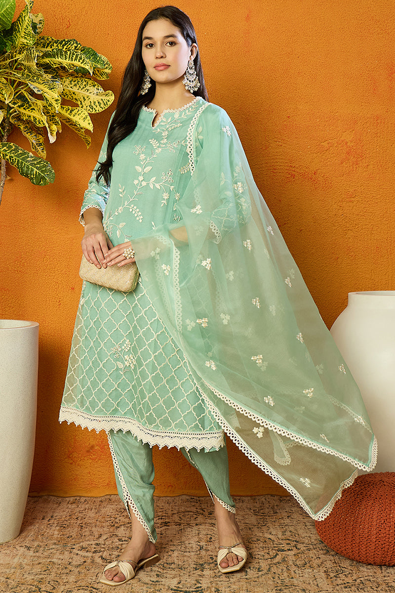 Sea Green Organza Solid Embroidered A-Line Dhoti Style Suit Set | SHOBITAM