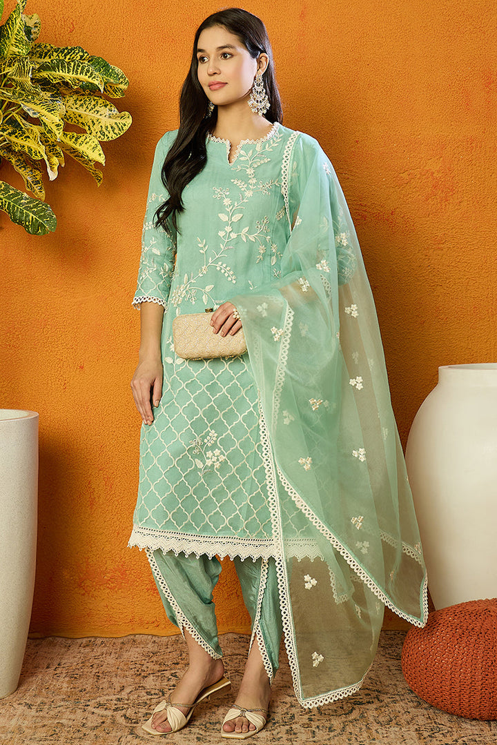 Sea Green Organza Solid Embroidered A-Line Dhoti Style Suit Set | SHOBITAM