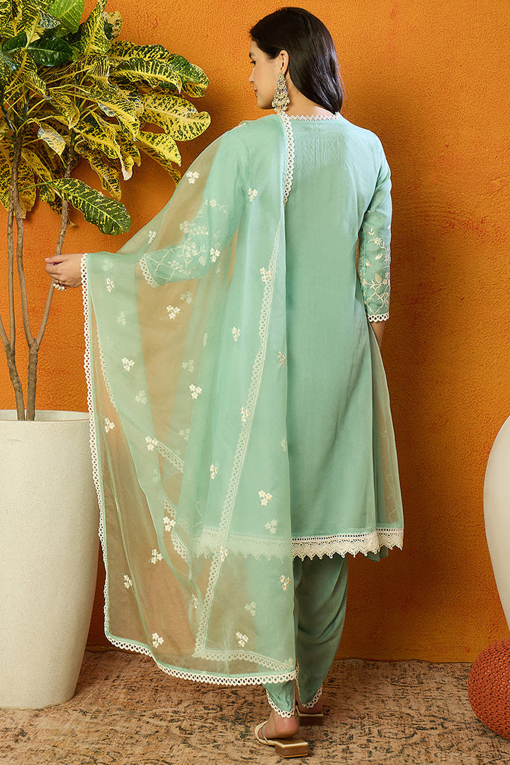 Sea Green Organza Solid Embroidered A-Line Dhoti Style Suit Set | SHOBITAM