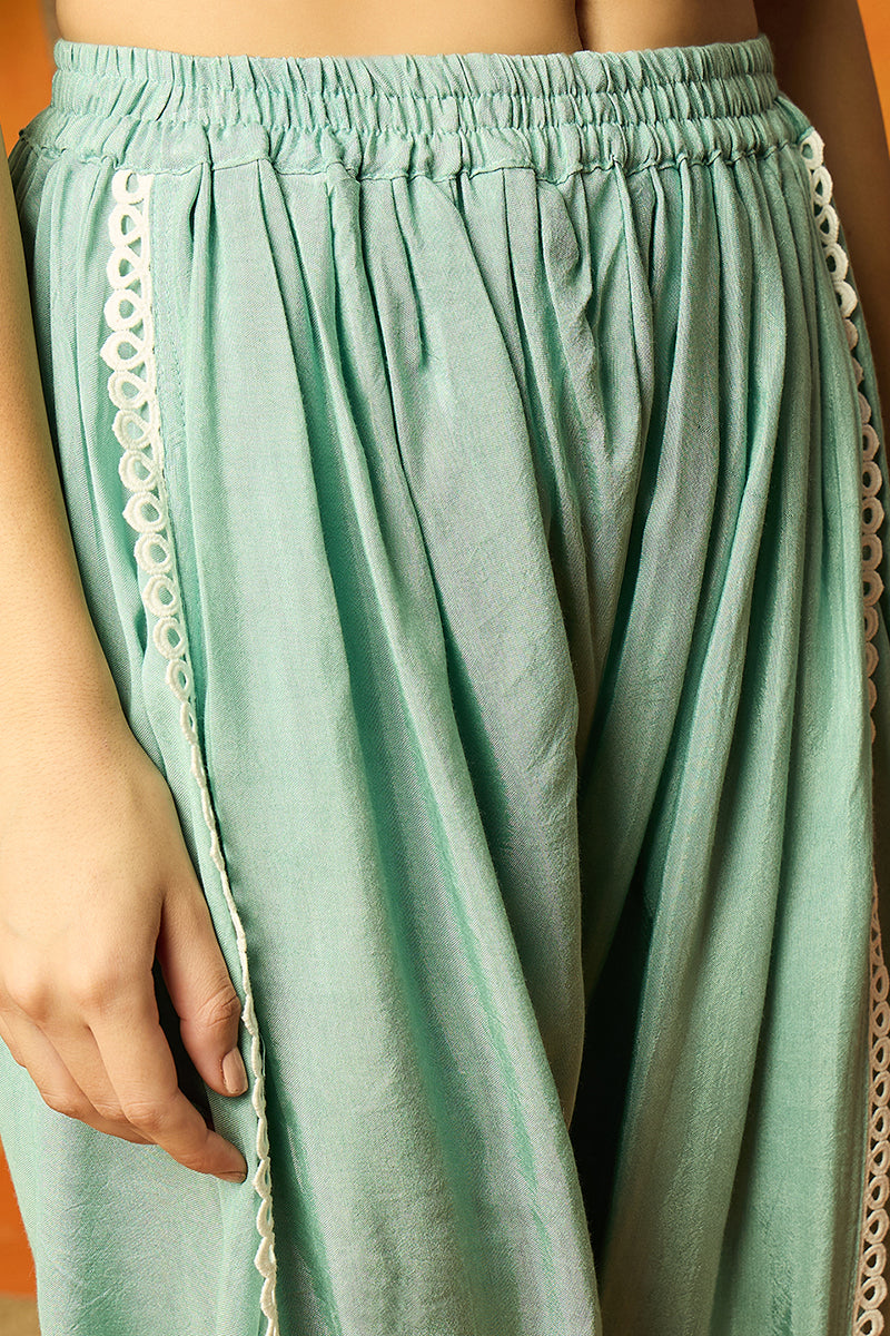 Sea Green Organza Solid Embroidered A-Line Dhoti Style Suit Set | SHOBITAM