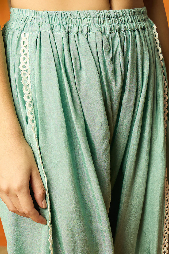 Sea Green Organza Solid Embroidered A-Line Dhoti Style Suit Set | SHOBITAM