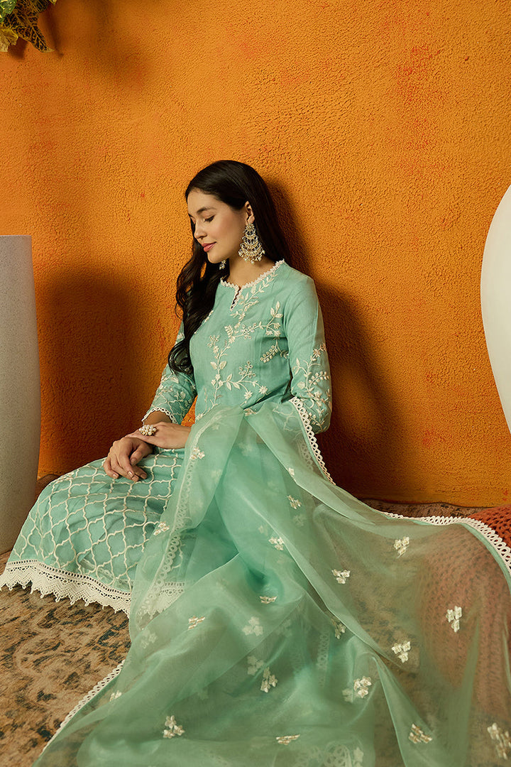 Sea Green Organza Solid Embroidered A-Line Dhoti Style Suit Set | SHOBITAM