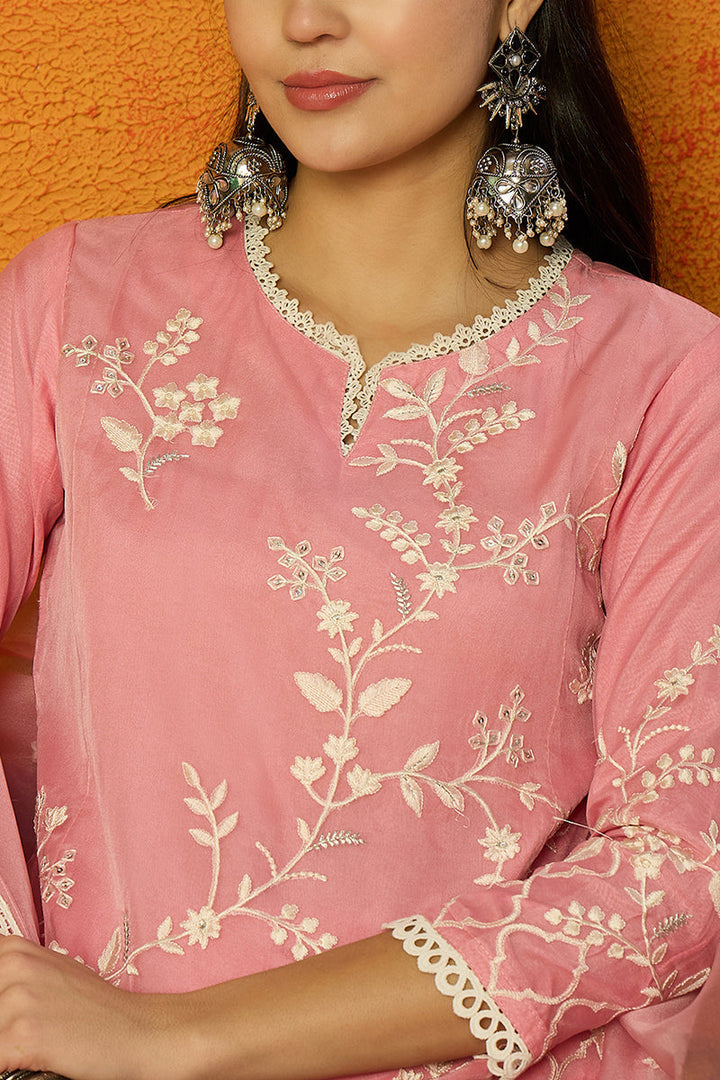 Pink Organza Solid Embroidered A-Line Dhoti Style Suit Set | SHOBITAM