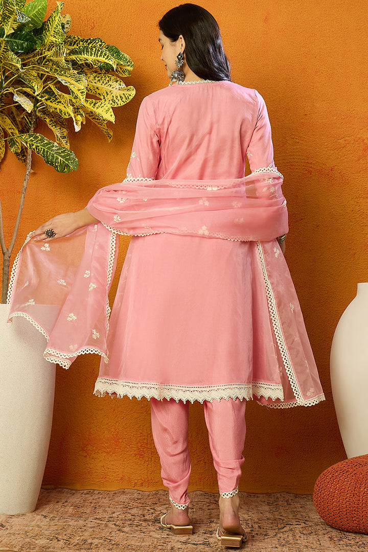 Pink Organza Solid Embroidered A-Line Dhoti Style Suit Set | SHOBITAM
