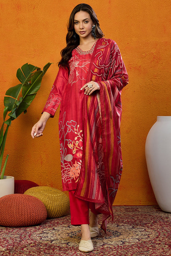 Red Silk Blend Floral Printed Straight Suit Set | SHOBITAM