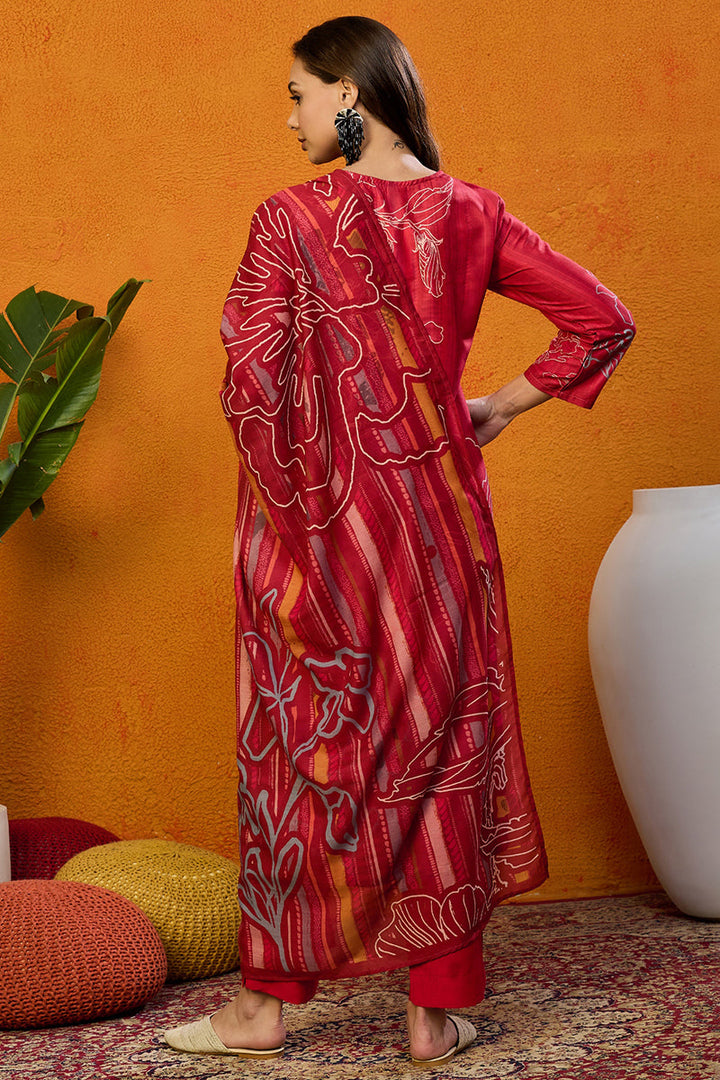 Red Silk Blend Floral Printed Straight Suit Set | SHOBITAM