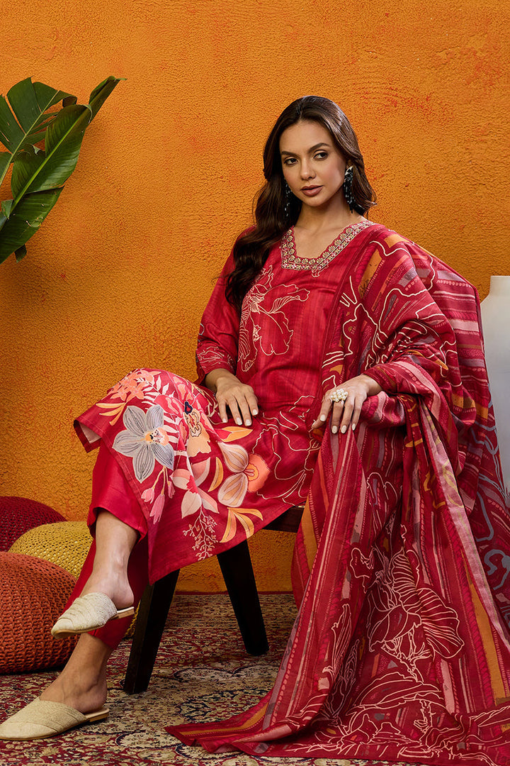 Red Silk Blend Floral Printed Straight Suit Set | SHOBITAM