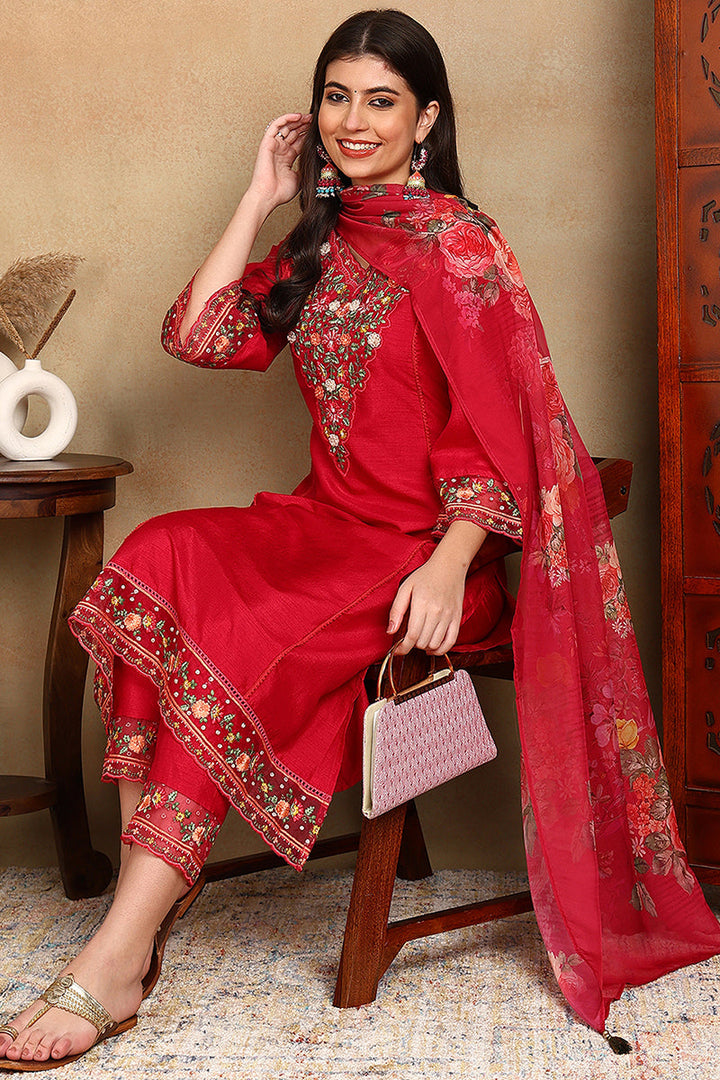 Rani Pink Silk Blend Solid Embroidered Straight Trouser Bottom Suit Set | SHOBITAM